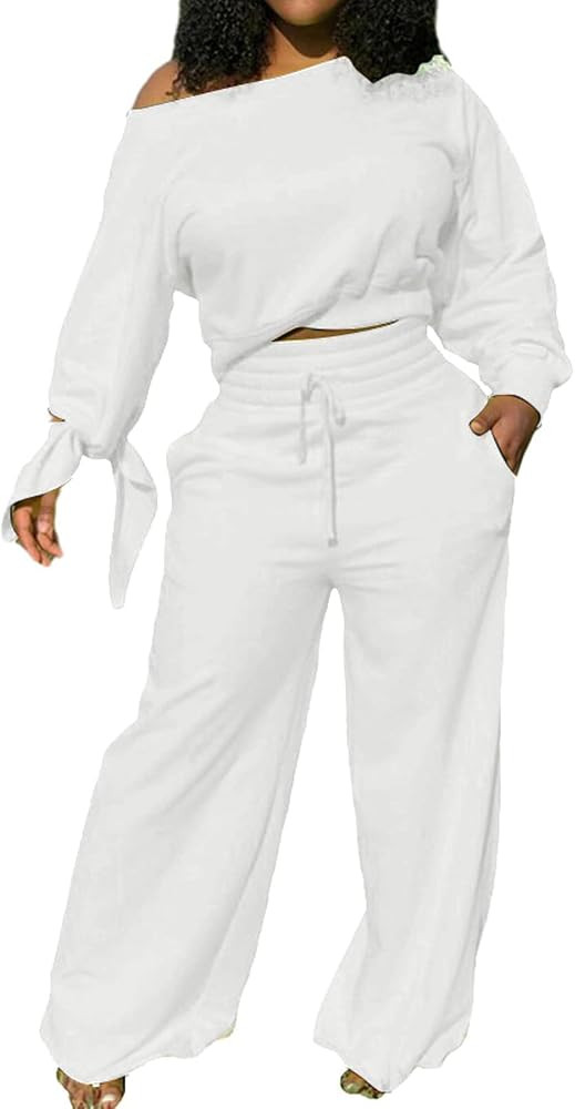 sexycherry Two Piece Outfits for Women Off Shoulder Sweatsuit with Pockets | Amazon (US)