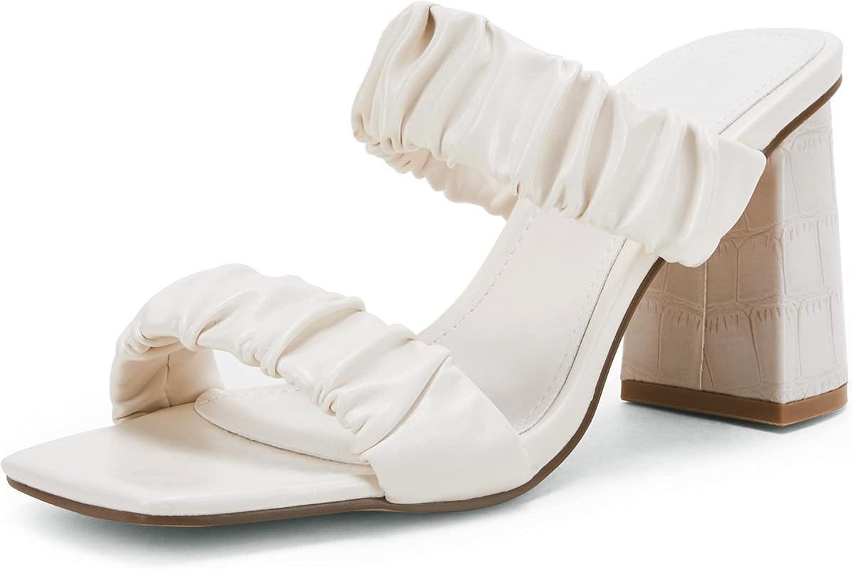 Coutgo Women's Ruched Slide Double Strap Square Open Toe Chunky Block Heeled Backless Summer Sand... | Amazon (US)