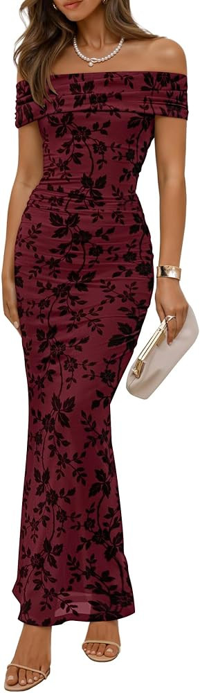 ZESICA Women's Summer Off Shoulder Floral Bodycon Ruched Maxi Formal Dress | Amazon (US)