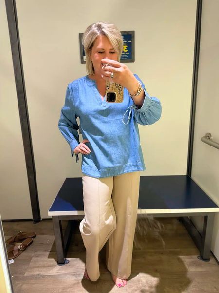 My puff sleeve jean blouse is a size large! 
High waisted pull on pixie pants are a size medium, but I needed a large!

#LTKworkwear #LTKFind #LTKstyletip