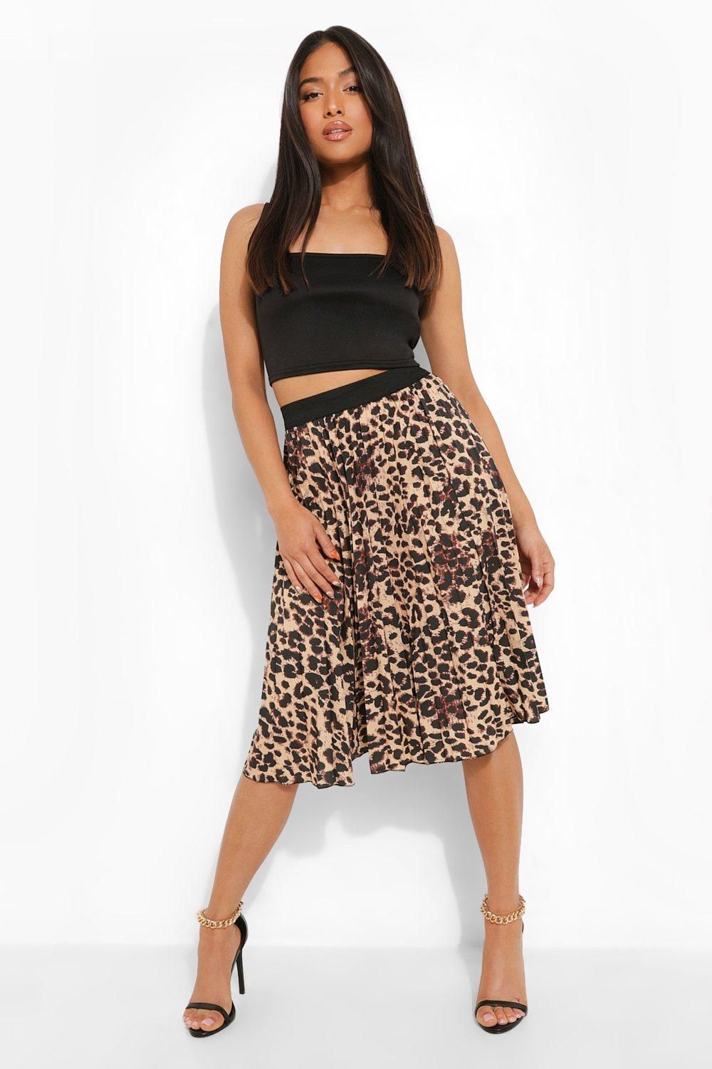 Womens Petite Leopard Print Pleated Midi Skirt - Brown - M | Boohoo.com (US & CA)