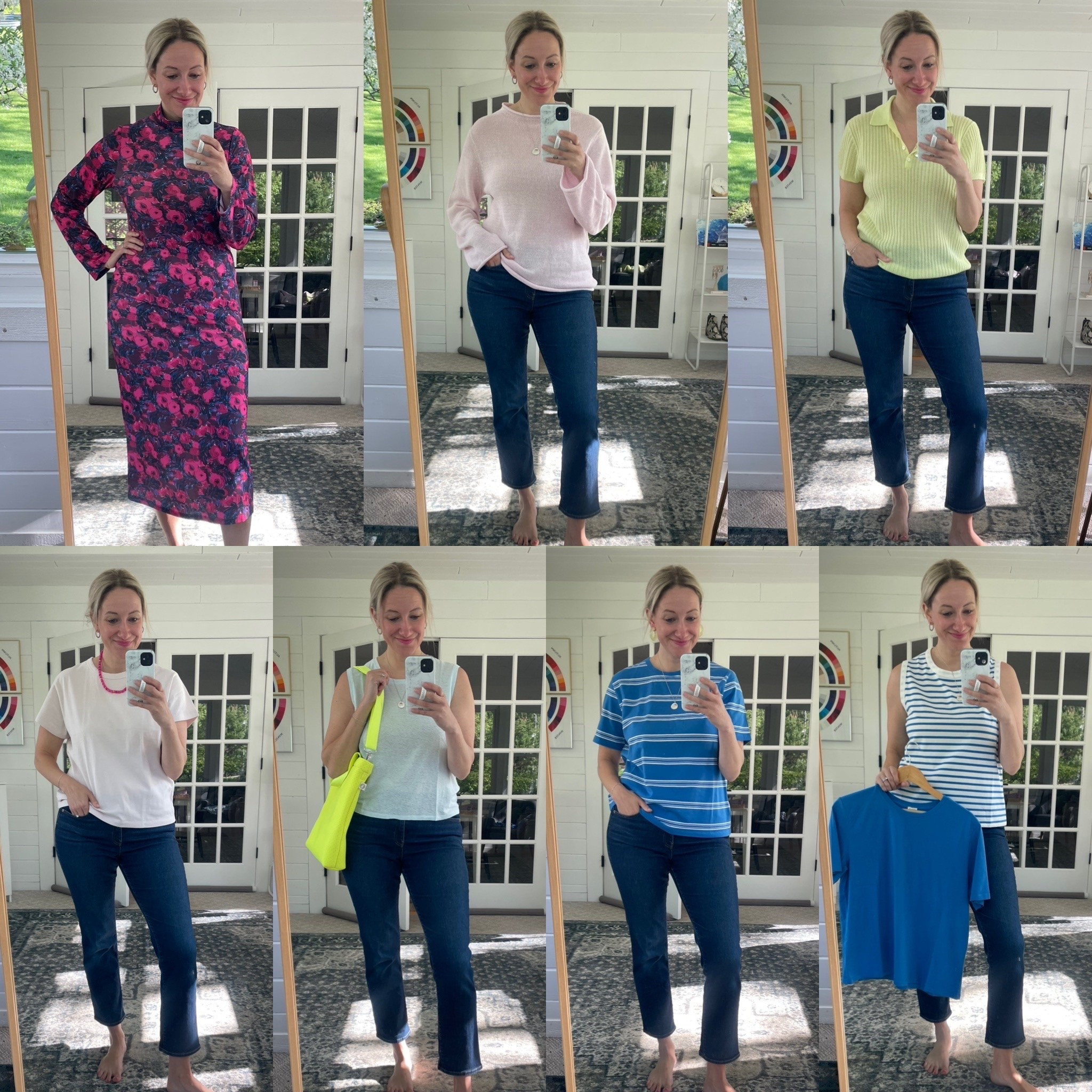 This week’s try-on!
Top left dress: ☀️/ ❄️ TTS
Top middle sweater: ☀️ size down 1-2
Top right sweater: ❄️ TTS
1st bottom top: ☀️ TTS
2nd bottom top: ❄️ size down 1
2nd bottom bag: ❄️/ 🌷 
3rd + 4th bottom tops + tank: 🌷 size down 1 in each 
Necklace + earrings: ❄️