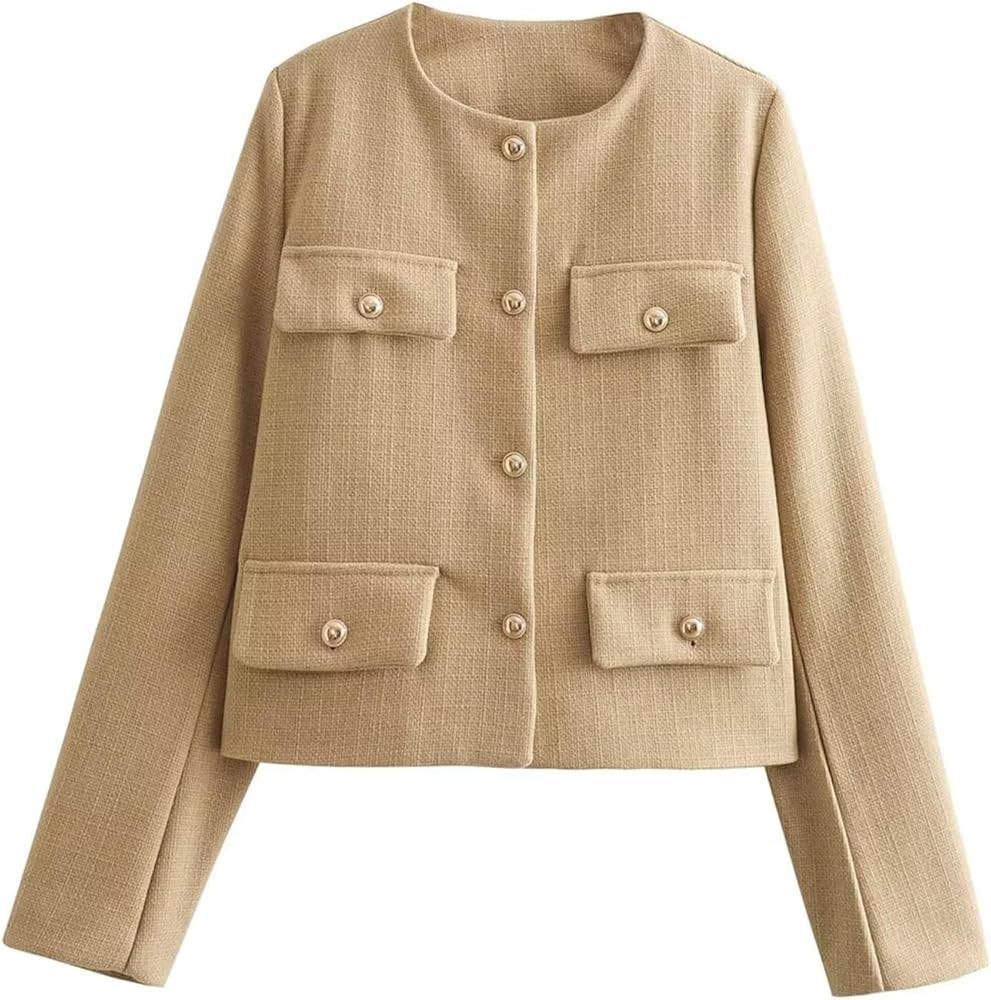 Womens Cropped Blazer Jackets Slim Open Front Crew Neck Long Sleeve Casual Work Office Coat with ... | Amazon (US)