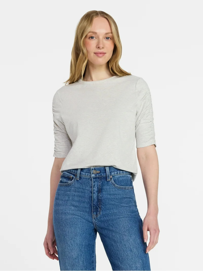 Time and Tru Women's Ruched Elbow Sleeve Tee, Sizes XS-XXXL | Walmart (US)