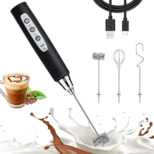 Nahida Black Milk Frother Wand for Coffee, Frother Handheld Rechargeable Electric Whisk Drink Mixer with 3 Heads 3 Speeds Coffee Frother Electric Stirrer For Latte, Cappuccino, Hot Chocolate | Amazon (US)
