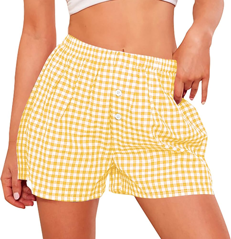 PRETTYGARDEN Womens Shorts Boxers 2025 Summer Gingham Pajama Lounge Sleep Y2K Plaid Pj Shorts Bea... | Amazon (US)
