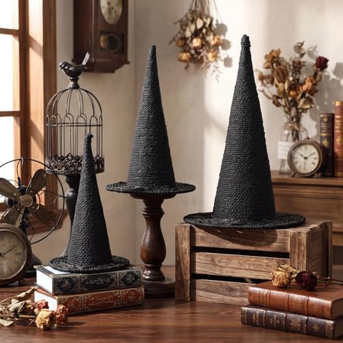 Beeveer 3 Pcs Halloween Rattan Witch Hat Decor, 14/12.2/10.2 Inch Handcrafted Black Rope Wizard H... | Amazon (US)