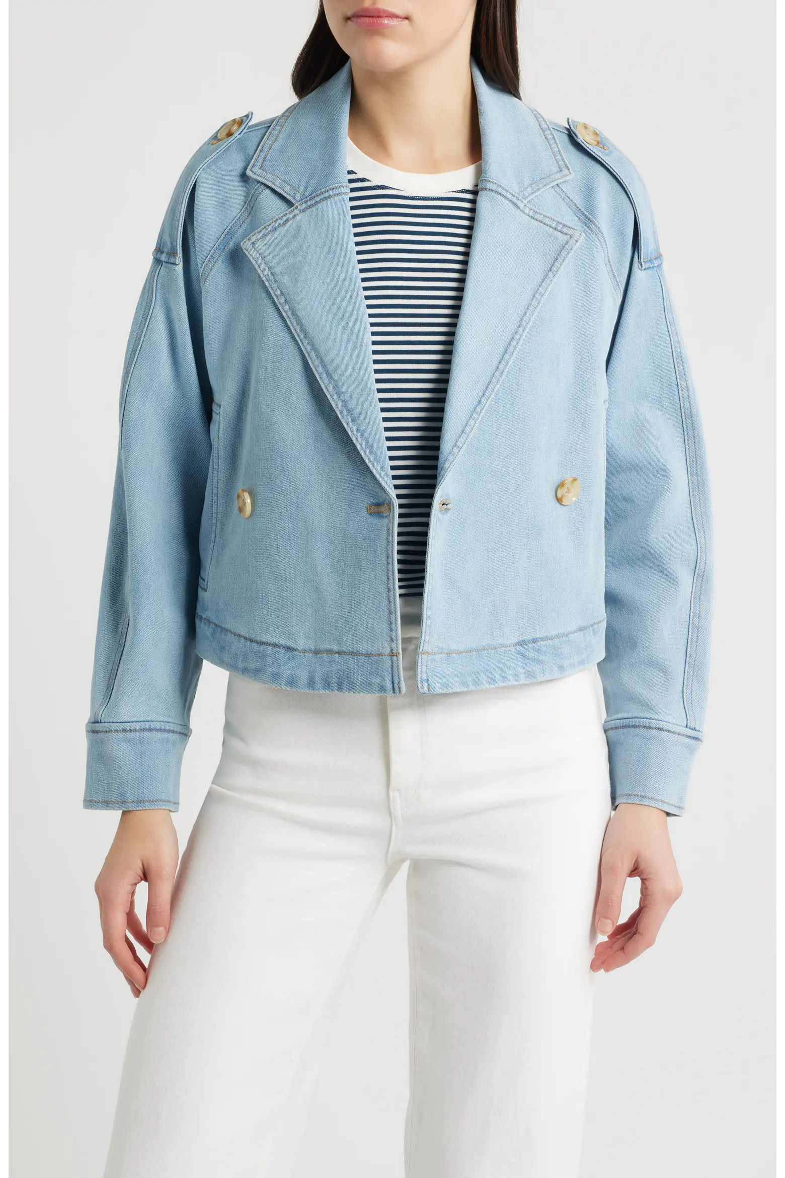 CITY BLUES Double Breasted Denim Crop Trench Jacket (Women) | Nordstrom | Nordstrom