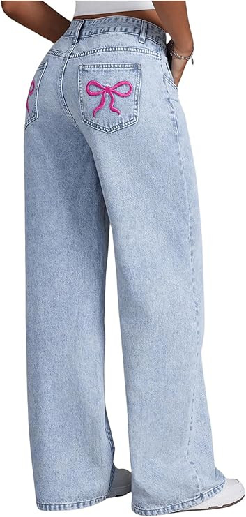 Floerns Women's Bowknot Embroidery Jeans Y2k Straight Leg Boyfriend Denim Pants | Amazon (US)