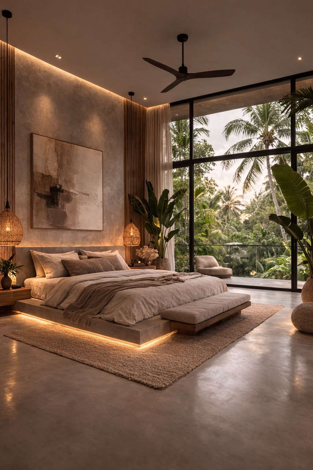 This stunning Bali-inspired bedroom features a floating platform bed with soft LED lighting, warm neutral tones and floor-to-ceiling windows overlooking lush tropical greenery. Natural textures, woven pendant lights and minimalist decor create a calm luxury retreat that blends modern design with organic warmth. Perfect inspiration for a serene modern villa bedroom or tropical modern interior.

#balistylehome
#modernbedroom
#luxurybedroom
#organicmodern
#moderninteriordesign
#tropicalmodern
#neutralhome
#bedroominspo
#luxuryhomeinspo
#modernvilla
#minimalistbedroom
#warmminimalism
#interiordesignideas
#beigeinterior
#homeinspiration