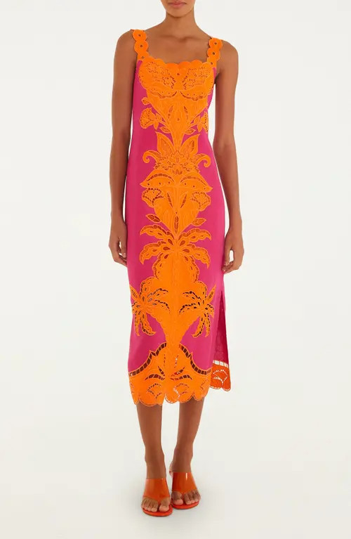 FARM Rio Cutwork Detail Linen Dress in Pink And Orange at Nordstrom, Size Small | Nordstrom