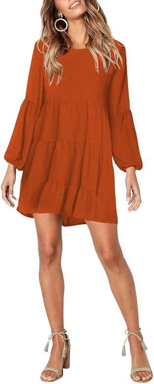 IHOT Women Long Sleeve Crew Neck Casual Flowy Tiered Ruffle Babydoll Tunic Dress with Pockets | Amazon (US)