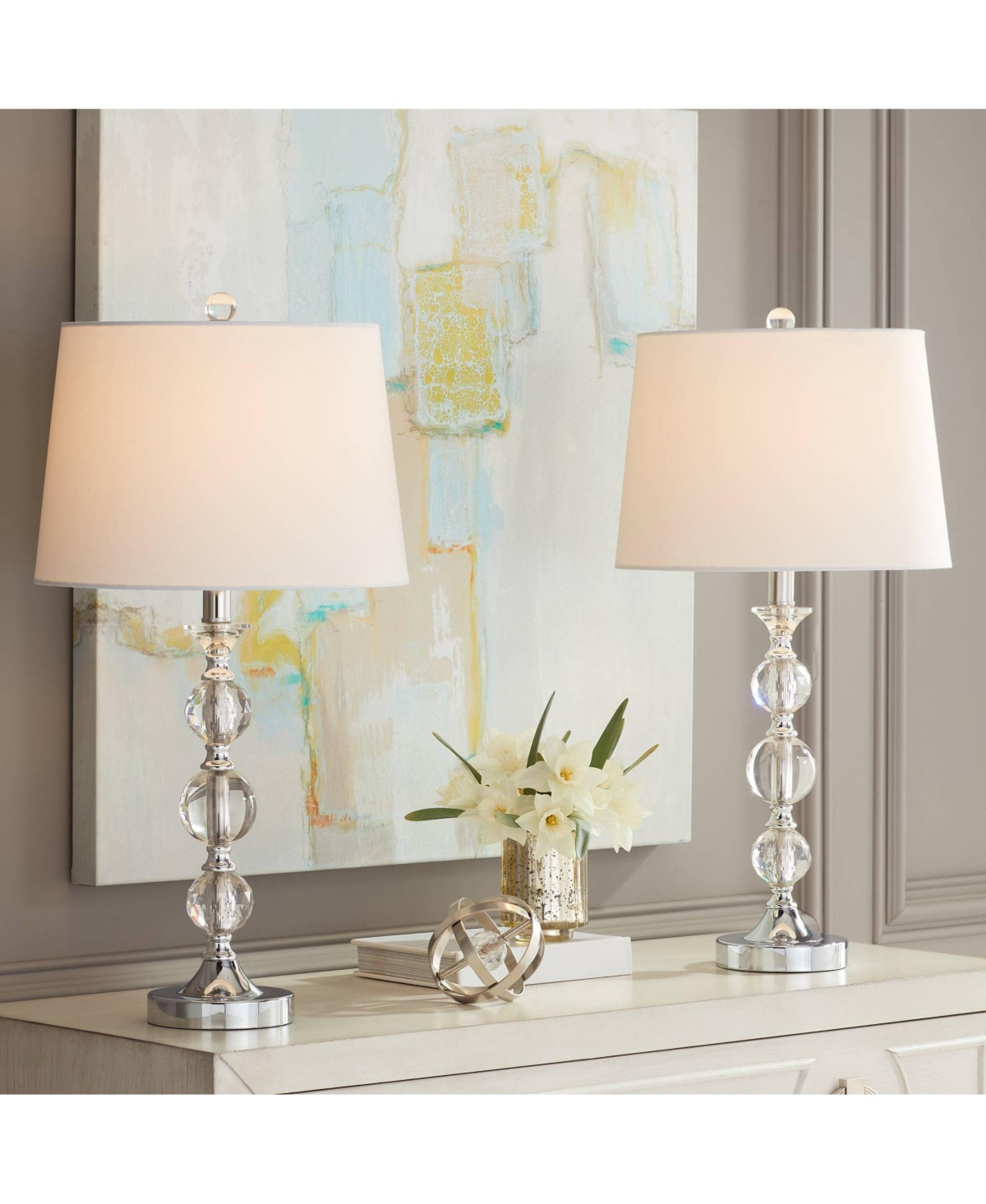 Solange 25" High Modern Glam Luxury Table Lamps Set of 2 Silver Finish Stacked Crystal White Shade Living Room Bedroom Bedside Nightstand House Office | Macy's