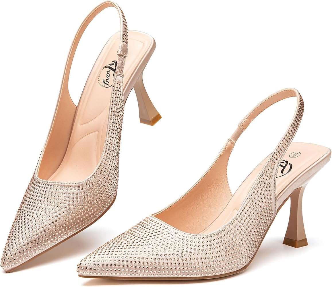 Trary Slingback Heels for Women Pointed Toe Pumps Shoes 3.2inch High Heel Slip On Rhinestone Glit... | Amazon (US)