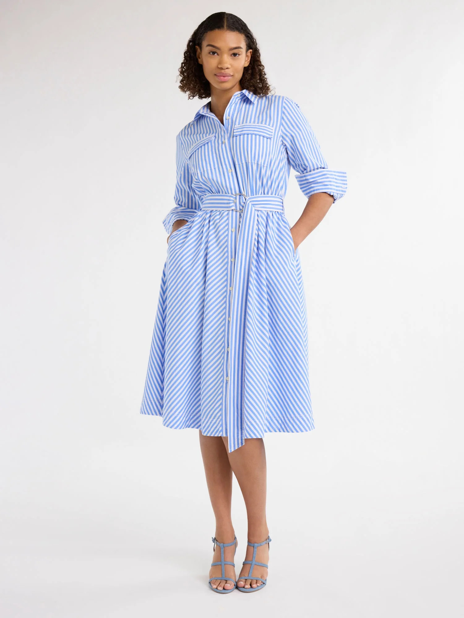 Free Assembly Women's and Women's Plus Belted Cotton Midi Shirtdress with Long Sleeves, Sizes XS-... | Walmart (US)