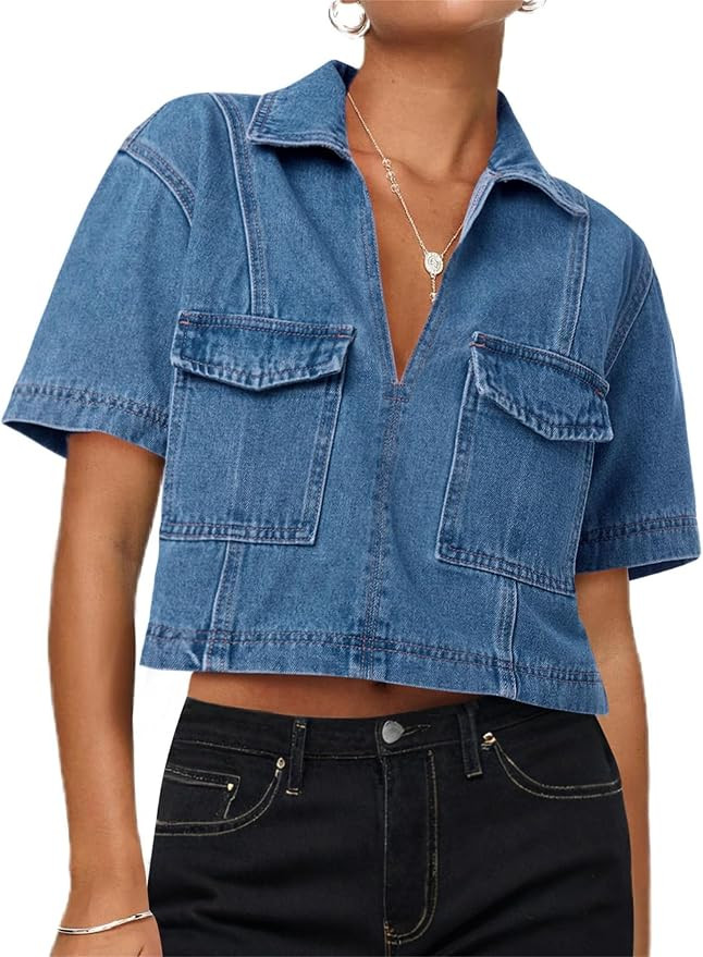 Womens V Neck Denim Crop Tops Summer Y2k Going Out Jean Shirts, Casual Long Sleeves Deep V-Neck D... | Amazon (US)