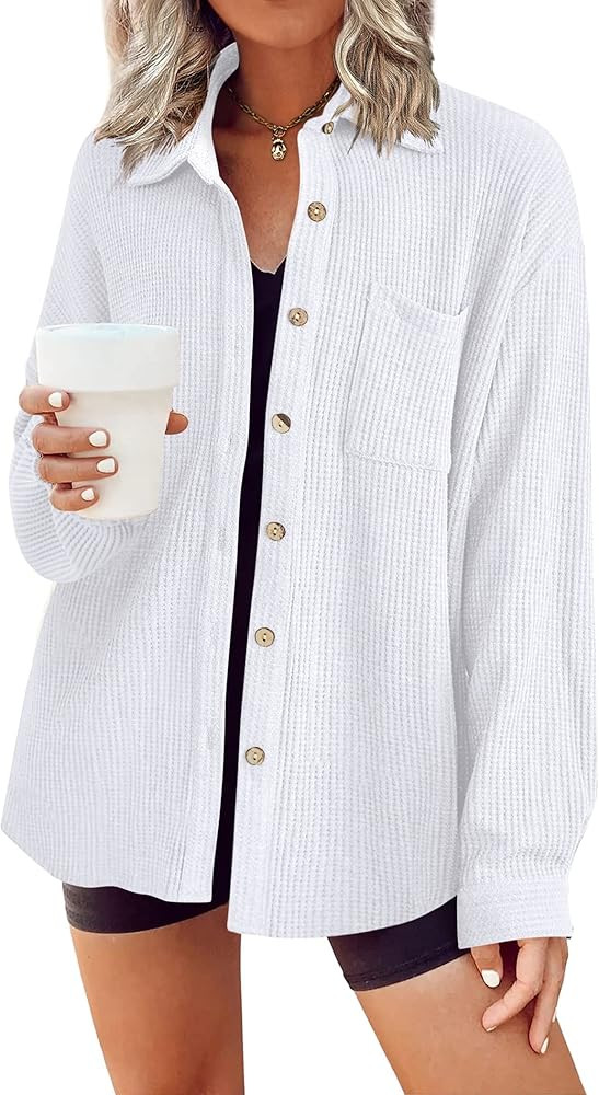 HOTOUCH Waffle Button Down Shirts for Women Dressy Casual Work Shacket V Neck Long Sleeve Lightwe... | Amazon (US)