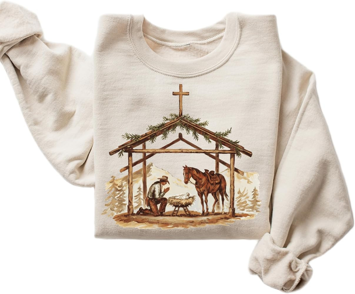 Cowboy Nativity Sweatshirt – Western Christmas Scene Crewneck | Amazon (US)