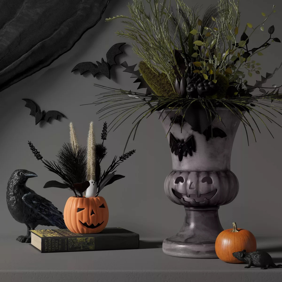 10.5" Textured Pumpkin Urn Bat Style Halloween Decorative Prop Gray - Hyde and EEK! Boutique™ | Target