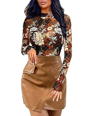 Floral Mesh Long Sleeve Tops for Women Mock Neck See Through Fitted Sexy Going Out Top | Amazon (US)