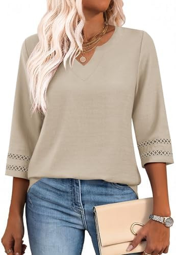 Lomon Womens 3/4 Sleeve V Neck Bohemian Blouses Casual Loose Fit Tunic Tops Vacation Clothes | Amazon (US)