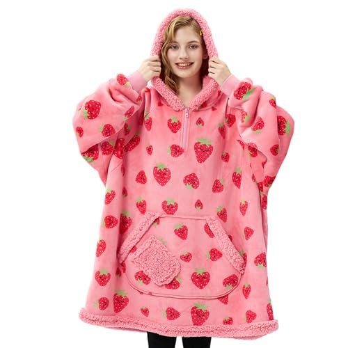 Giggling Getup Wearable Blanket Hoodie for Adults Gifts for Teen Girls Sister Women Sherpa Fleece Printed Hooded Blanket Sweatshirt Warm Cozy with Pocket & Sleeves Strawberry | Amazon (US)