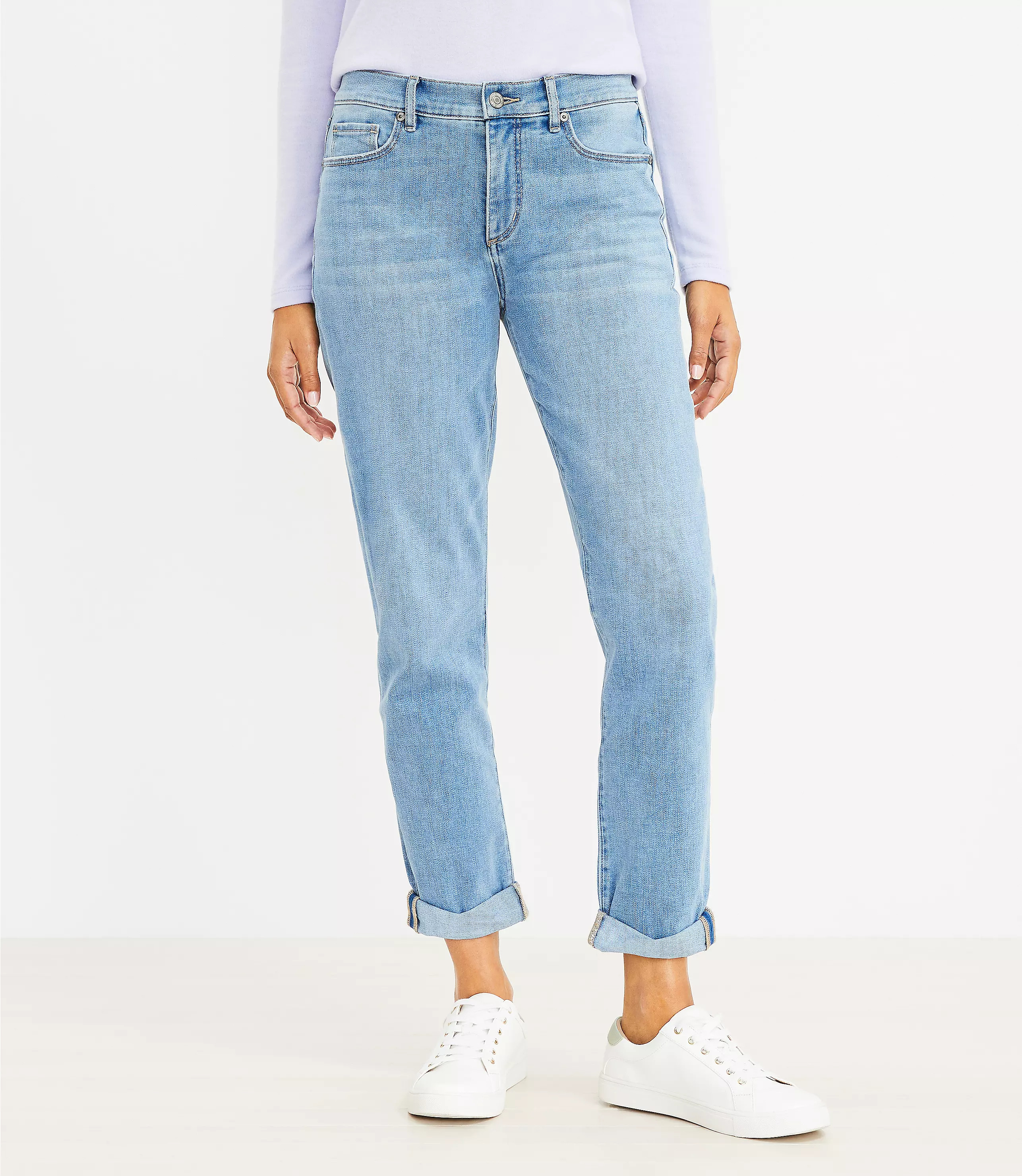 Curvy Super Soft Girlfriend Jeans in Destructed Indigo Wash | LOFT