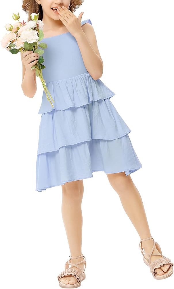 LIONJIE Girls Ruffle Sleeve Layered Midi Dress Tiered 3 Layered Summer Flowy Swing Dress for 3-12... | Amazon (US)