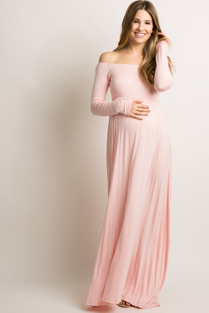 PinkBlush Pink Solid Off Shoulder Maternity Maxi Dress | PinkBlush Maternity