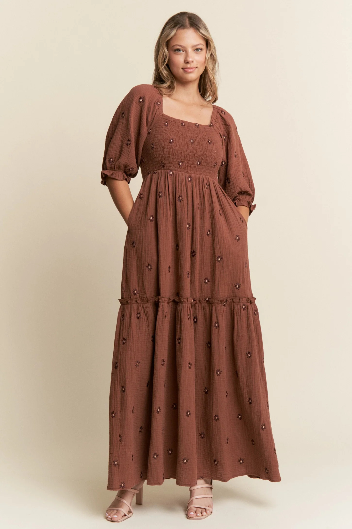 Brown Floral Smocked Puff Sleeve Maxi Dress | PinkBlush Maternity