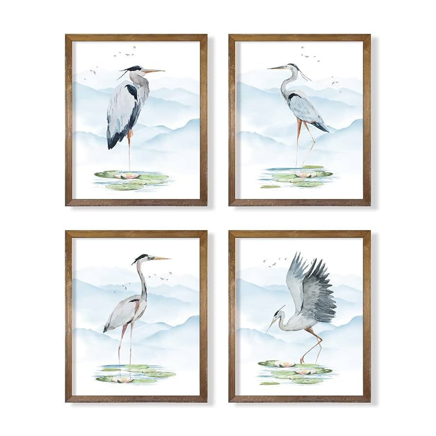 Watercolor Sea Birds Heron Wall Art - Perching Bird Print Poster for Lake House - Modern Beachy S... | Amazon (US)