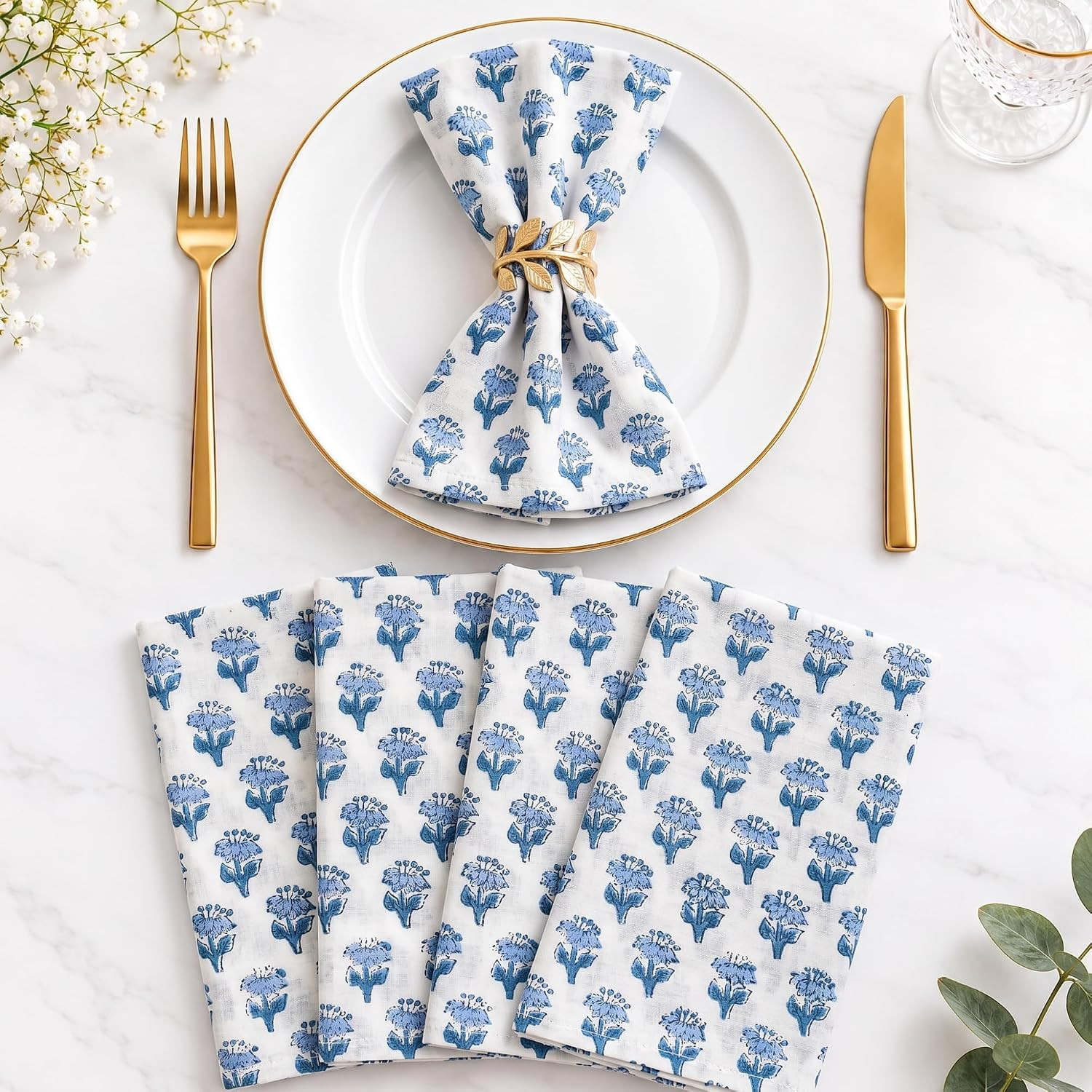 CPC Apatite Blue Block Print Cotton Cloth Napkin 18x18 Set - 4 | Amazon (US)