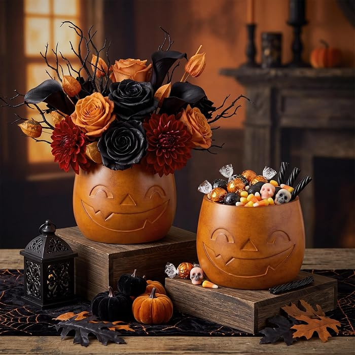 SiliFine 2 Pcs Handmade Terracotta Pumpkin Jack-o'-Lantern Bucket Decor     6'' Resin Pumpkin Pla... | Amazon (US)
