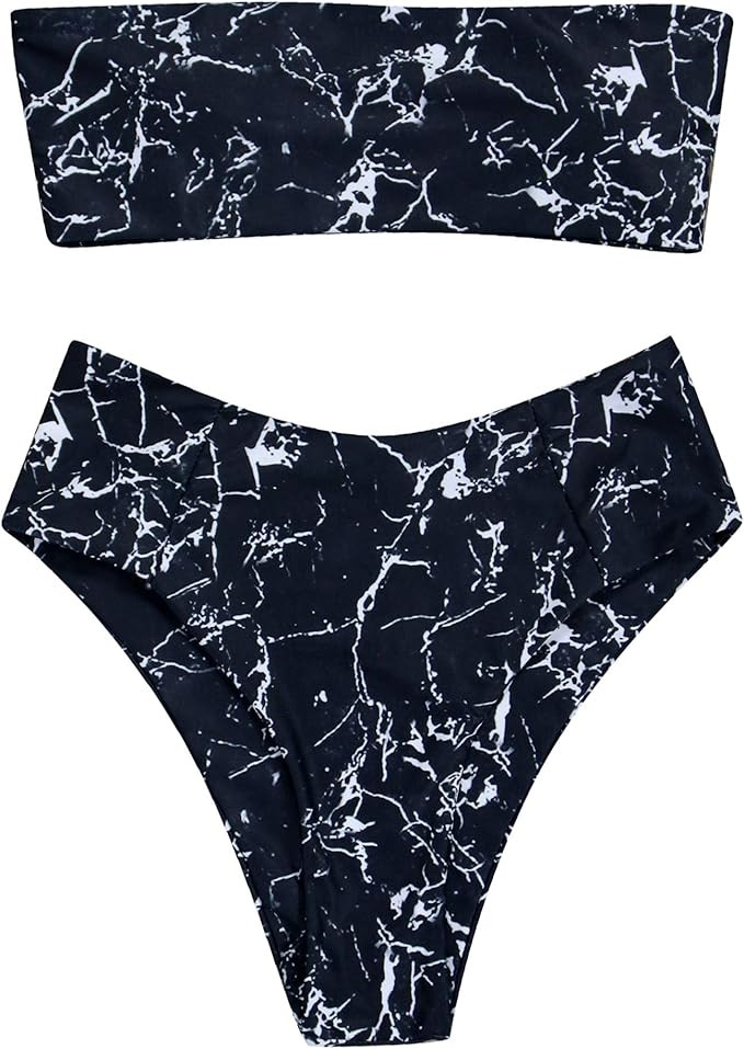 OMKAGI Women's 2 Pieces Bandeau Bikini Swimsuits Off Shoulder High Waist Bathing Suit High Cut | Amazon (US)