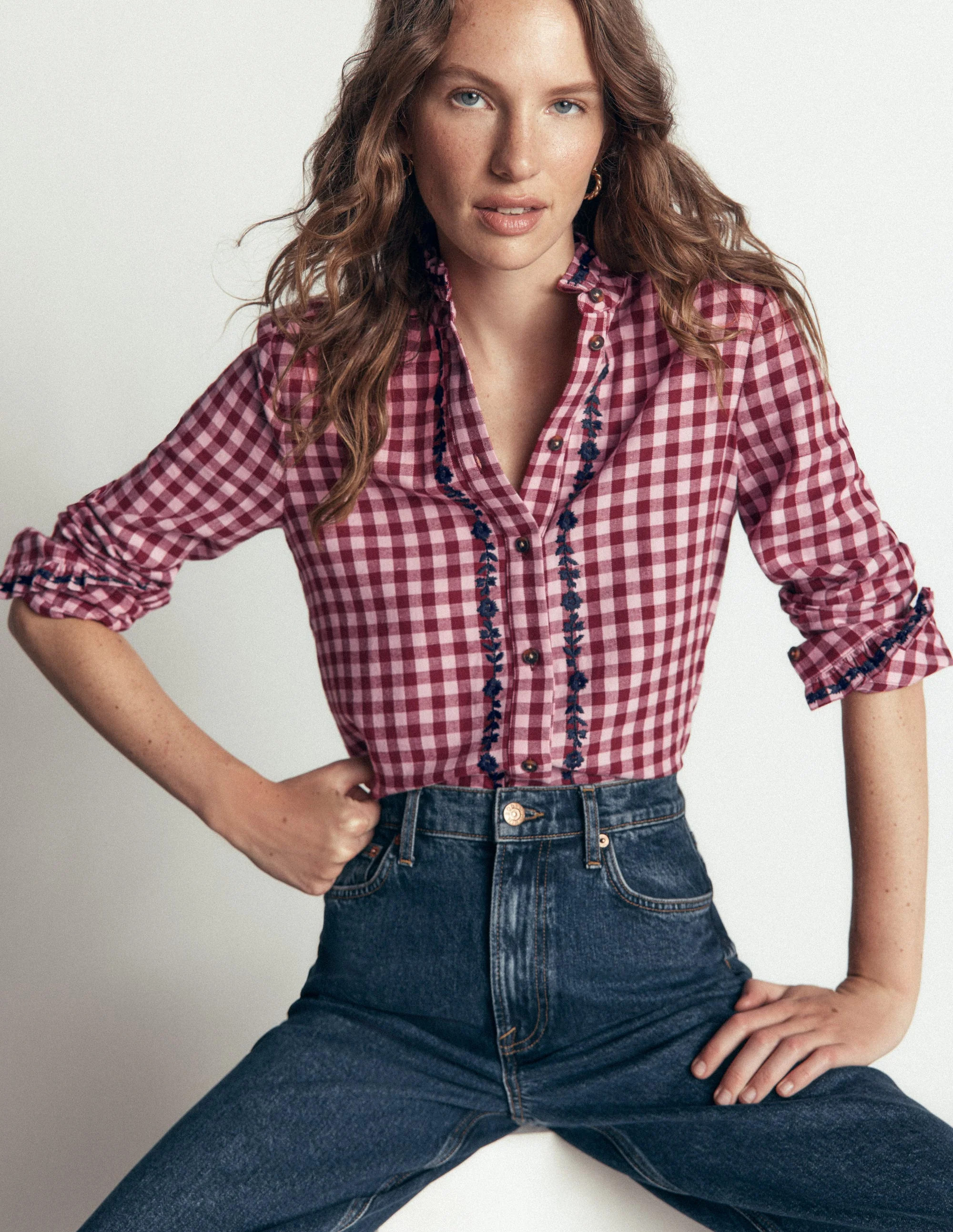 Sienna Frill Cotton Shirt-Embroidered Pink, Maroon Check | Boden UK