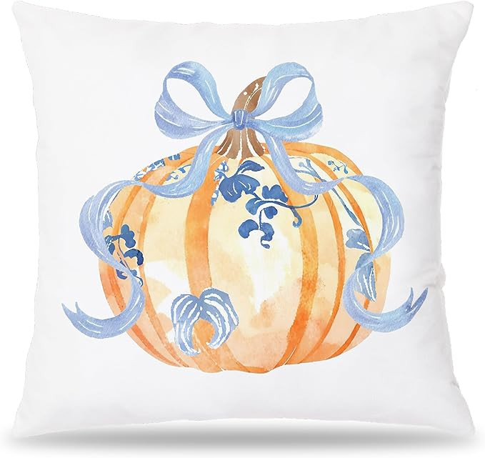Blue & Orange Chinoiserie Fall Pumpkin Pillow Covers 18x18, Coquette Bow Preppy Fall Decor | Amazon (US)