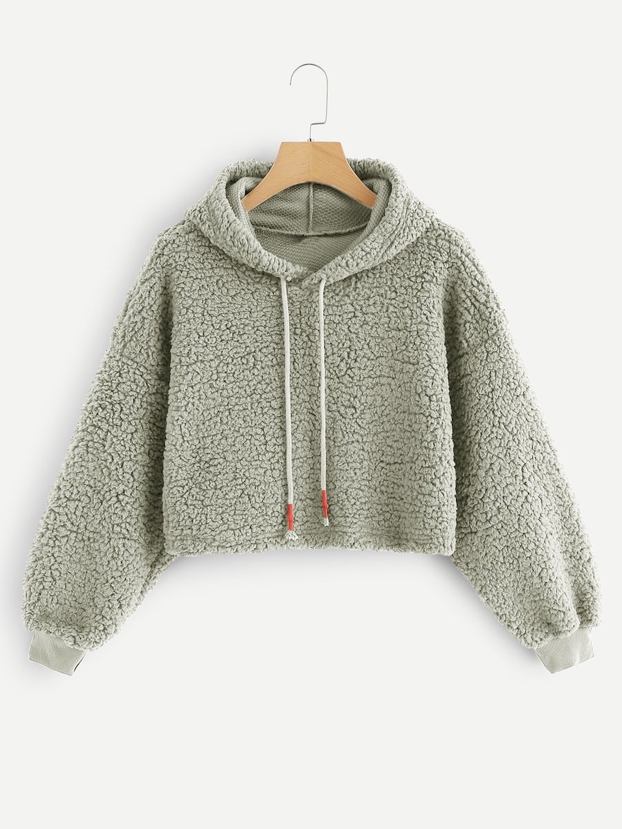 Solid Drawstring Detail Teddy Sweatshirt | SHEIN