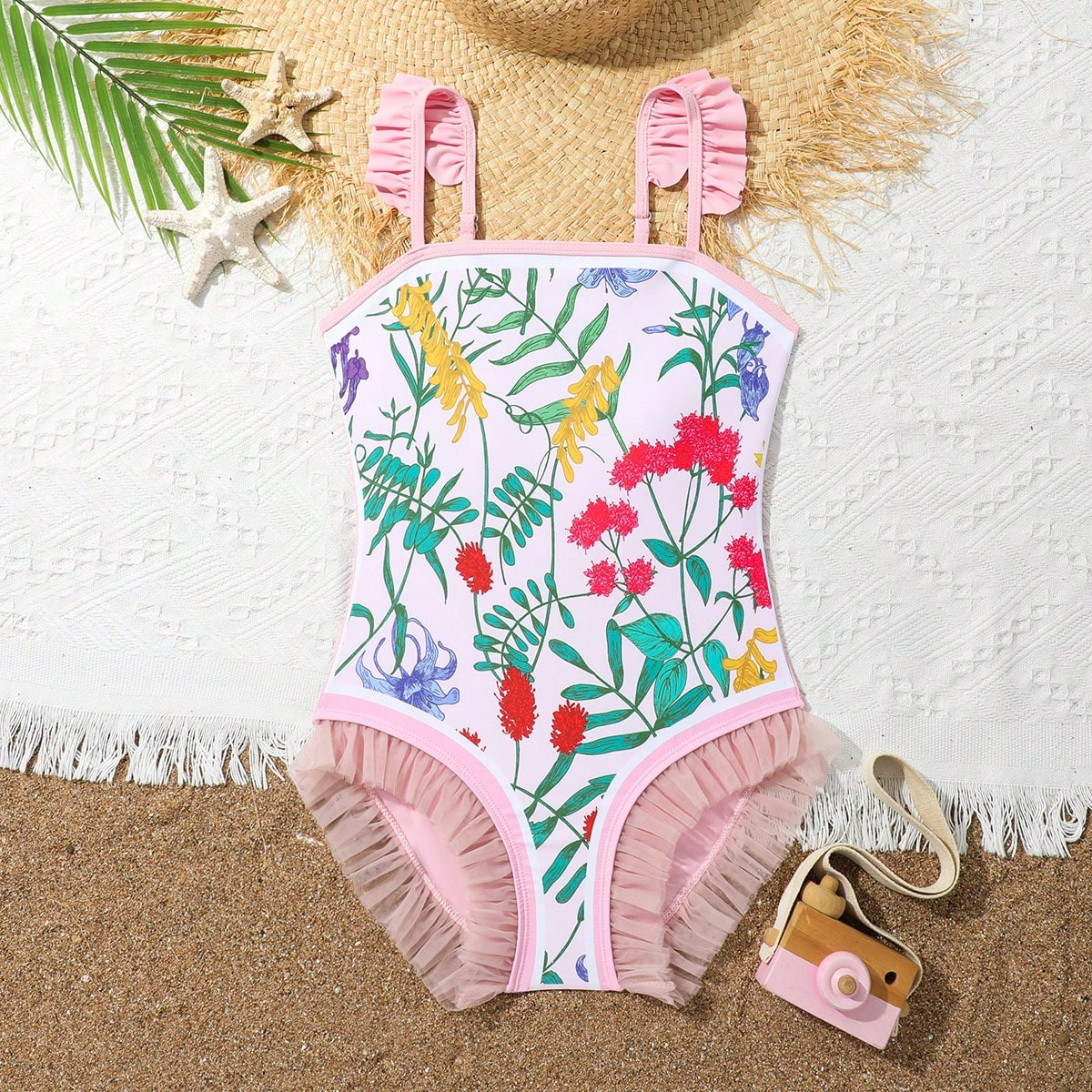 Tween Girls' One-Piece Swimsuit With Ruffle Edge And Seamless Print Pattern (Random Color) | SHEIN