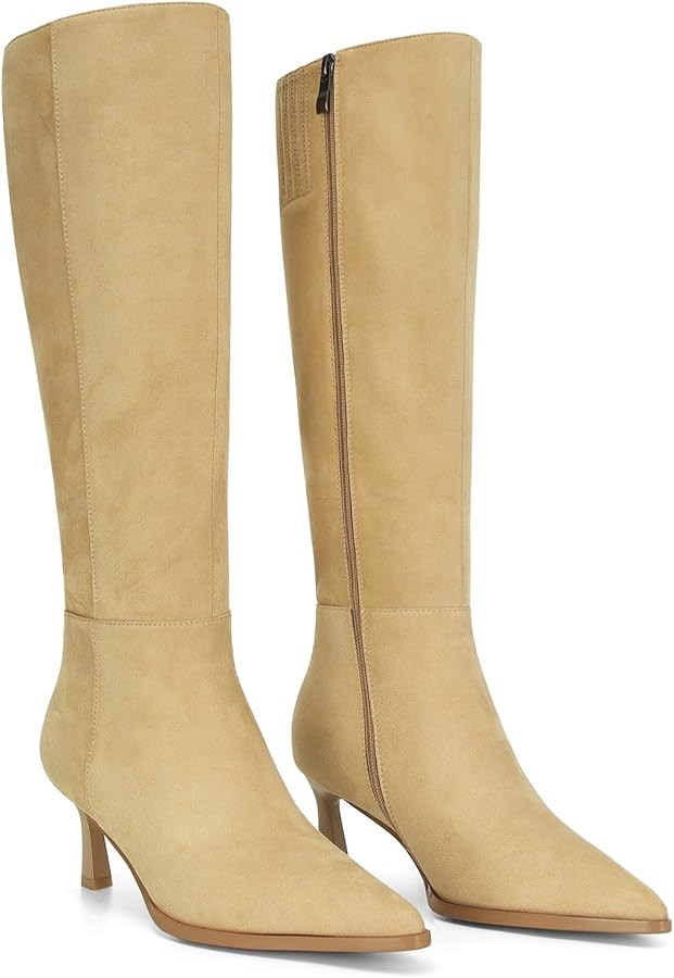 MICIFA Burgundy Kitten Heel Knee High Boots for Women Side Zipper Tall Leather Boots Pointed Toe ... | Amazon (US)