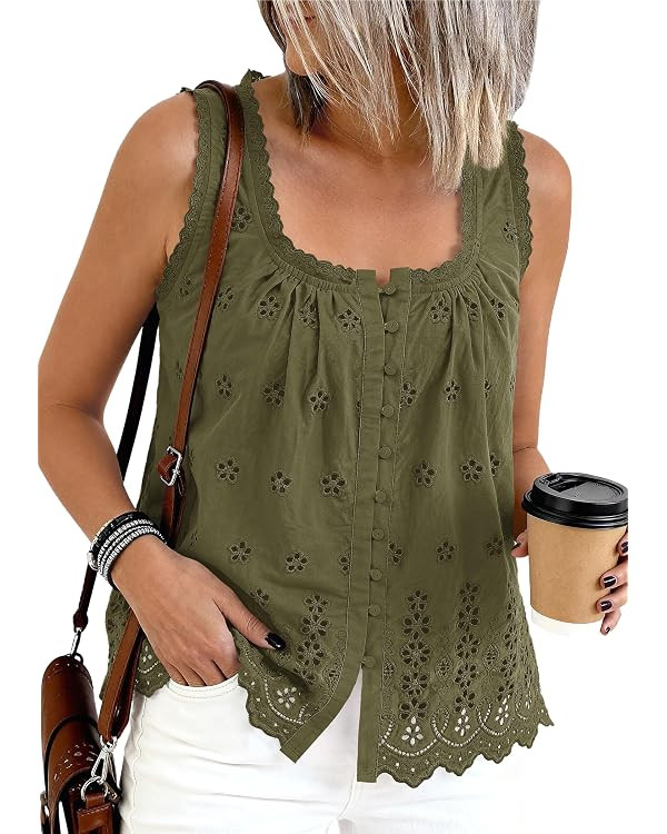 PRETTYGARDEN Women's Lace Tank Top Embroidery Eyelet Blouses | Square Neck, Cute Sleeveless Tops,... | Amazon (US)