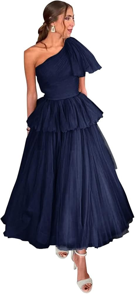 Tulle Cocktail Dress Prom Dresses Midi A-Line Tiered One Shoulder Evening Party Dress Puffy Tulle... | Amazon (US)
