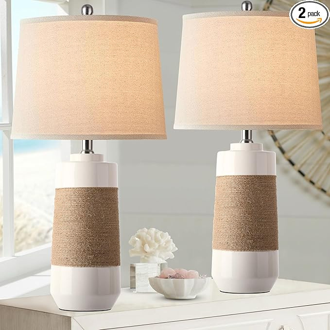 Hamucd White Boho Ceramic Lamps with Rope for Living Room Set of 2 Nautical Rattan Coastal Bedsid... | Amazon (US)