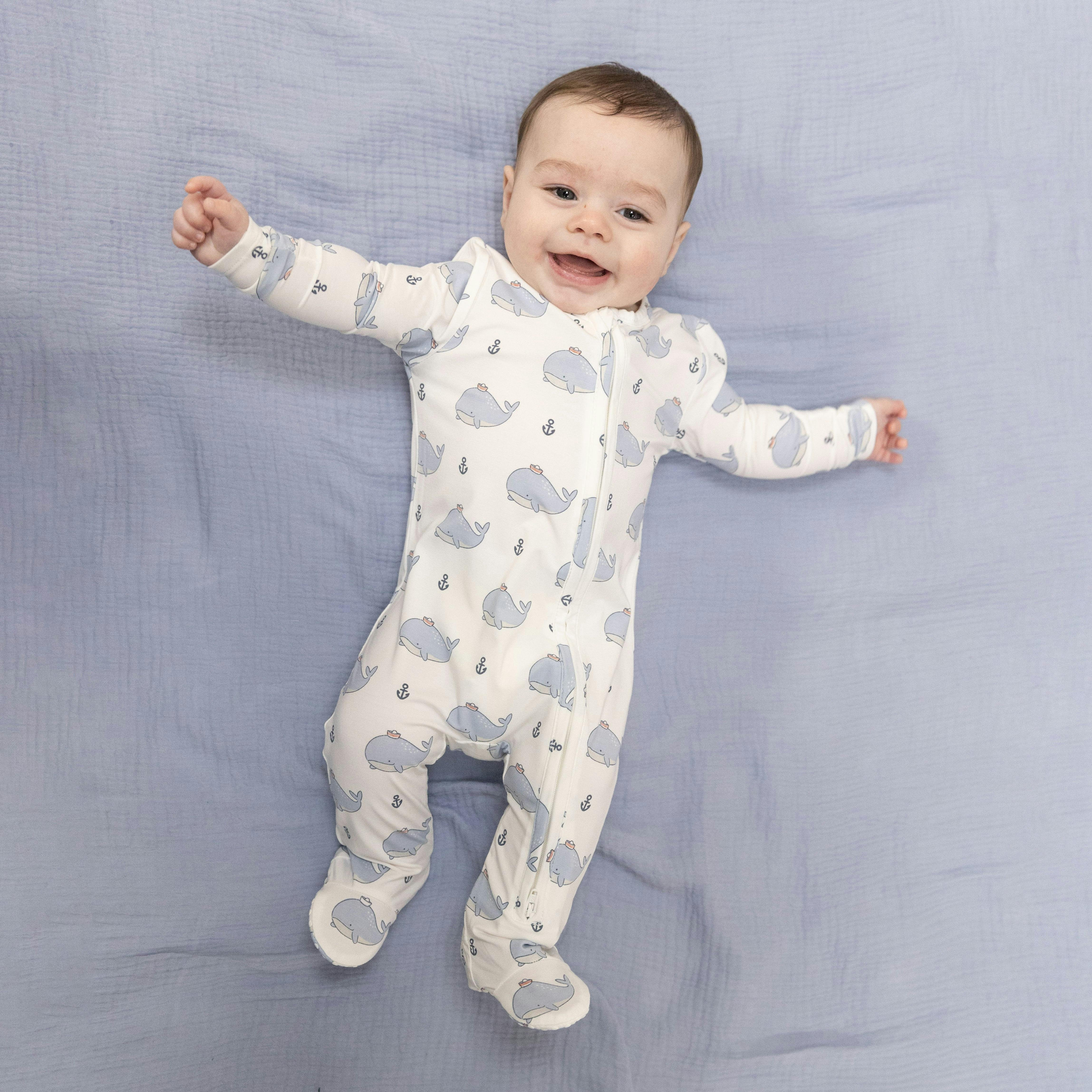 Bubbly Sailor Whales Blue - 2 Way Zipper Footie | Maisonette