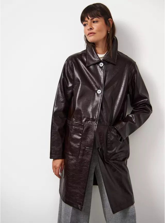 Brown Patent Faux Leather Coat M | Tu Clothing