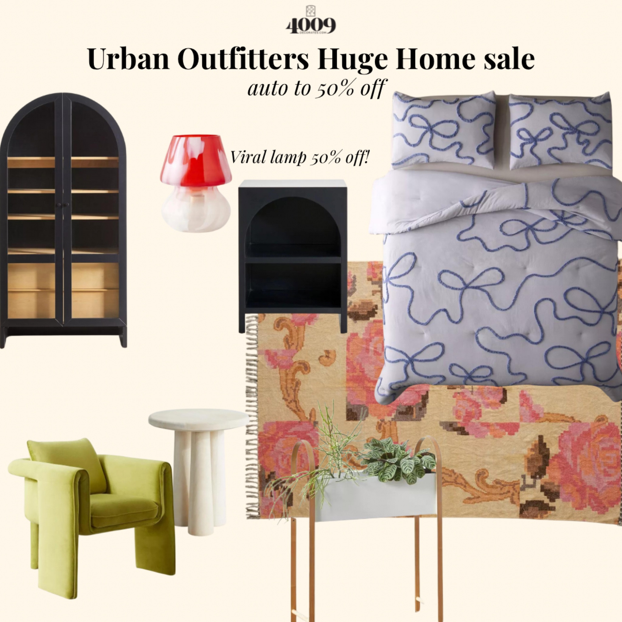 Urban Outfitters major home sale!!
Ansel glass lamp
Mushroom lamp
Bow bedding
Arched cabinet
Green chair
Planter
Rug

#LTKHome #LTKSaleAlert #LTKFindsUnder100