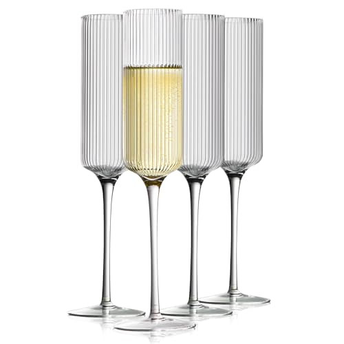 Ribbed Champagne Flutes 8.5 Ounce - Hand Blown Classy Crystal Champagne Glasses Set of 4, Modern & Elegant Mimosa Glasses Glass, Ideal for Home Bar, Perfect for Weddings, Anniversaries, Christmas | Amazon (US)