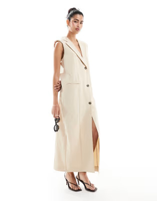ASOS DESIGN column waistcoat midi dress in stone | ASOS (Global)