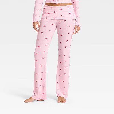 Women's Ribbed Fold Over Waistband Pajama Pants - Wild Fable™ Pink Floral XL | Target
