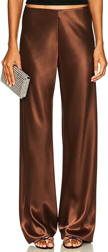 Women's Satin Wide Leg Dress Pants Hidden Elasticized Waistband Silk Casual Long Flowy Loose Trou... | Amazon (US)