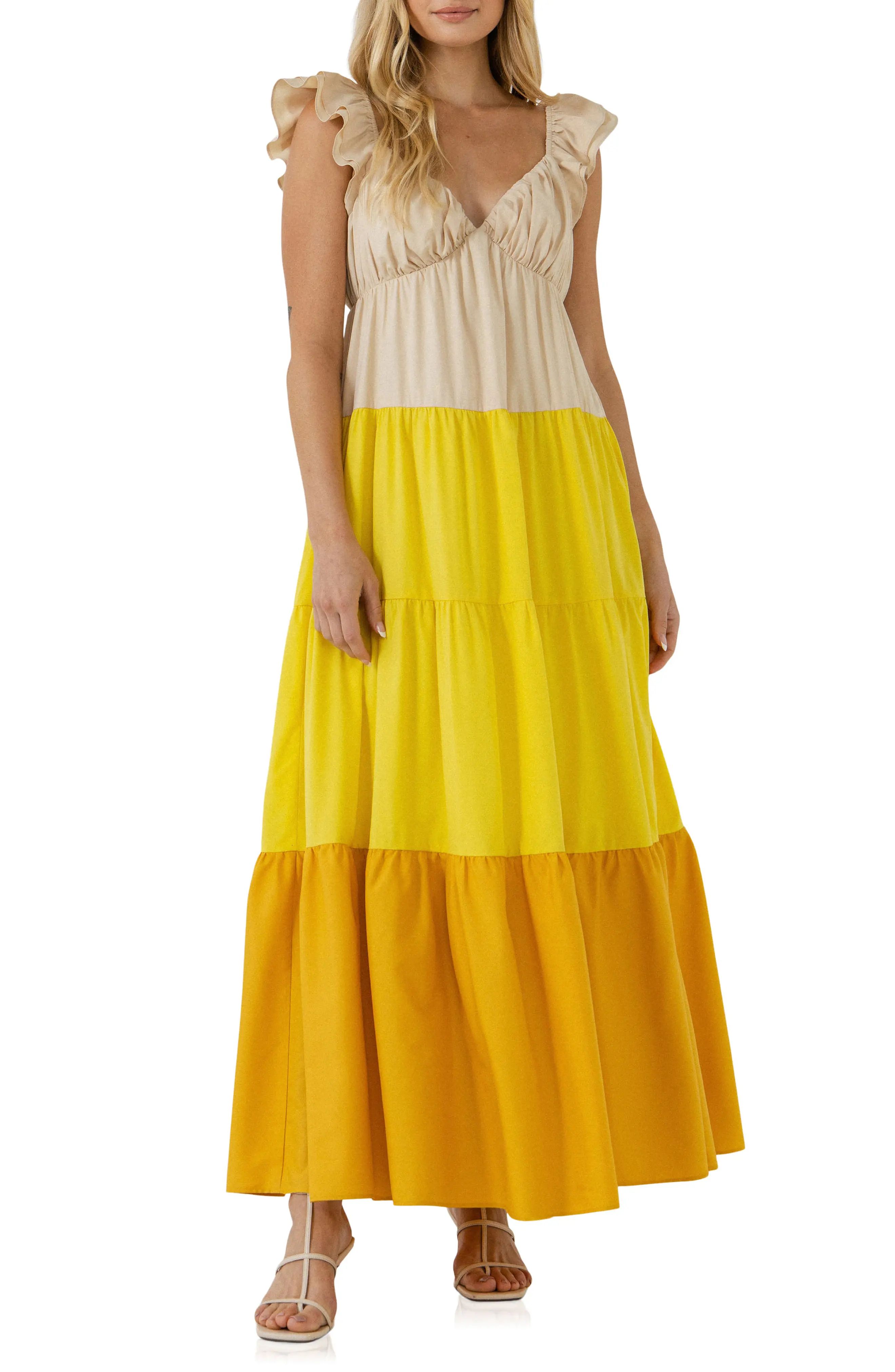 English Factory Colorblock Tiered Maxi Dress in Yellow at Nordstrom, Size X-Small | Nordstrom